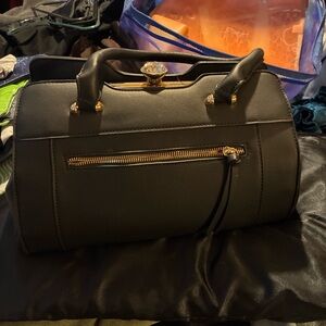 Structured Black Satchel with Gold Hardware